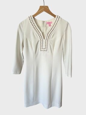 Lilly Pulitzer Bennett Shift Embellished V-Neck Sheath Dress.